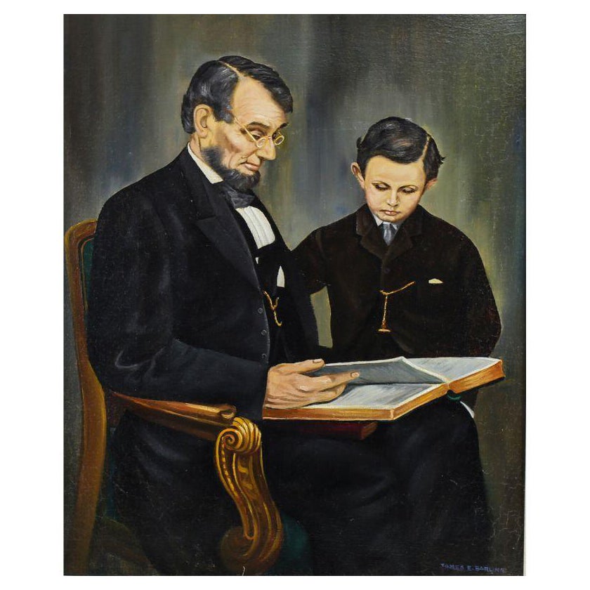 James E Barling Oil on Canvas Portrait of Abraham Lincoln & Son