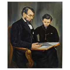 Vintage James E Barling Oil on Canvas Portrait of Abraham Lincoln & Son