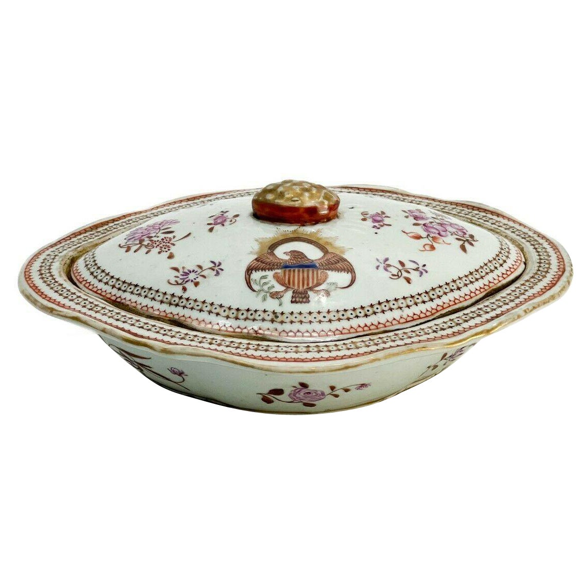 Chinese Export Porcelain Covered Serving Bowl, American Eagles, C1820 For Sale