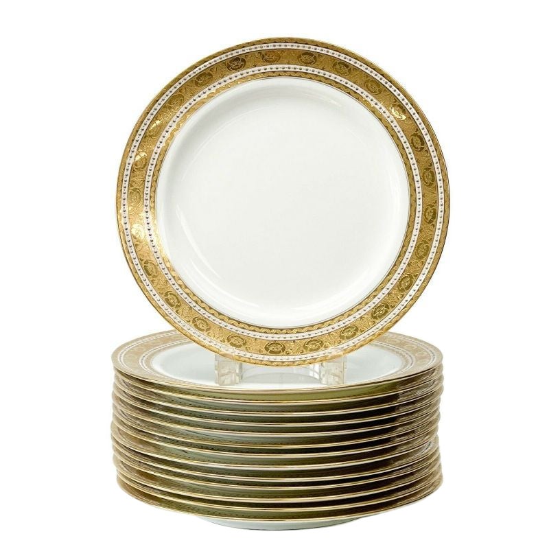 Set of 14 Minton England Gilt Porcelain Dinner Plates in