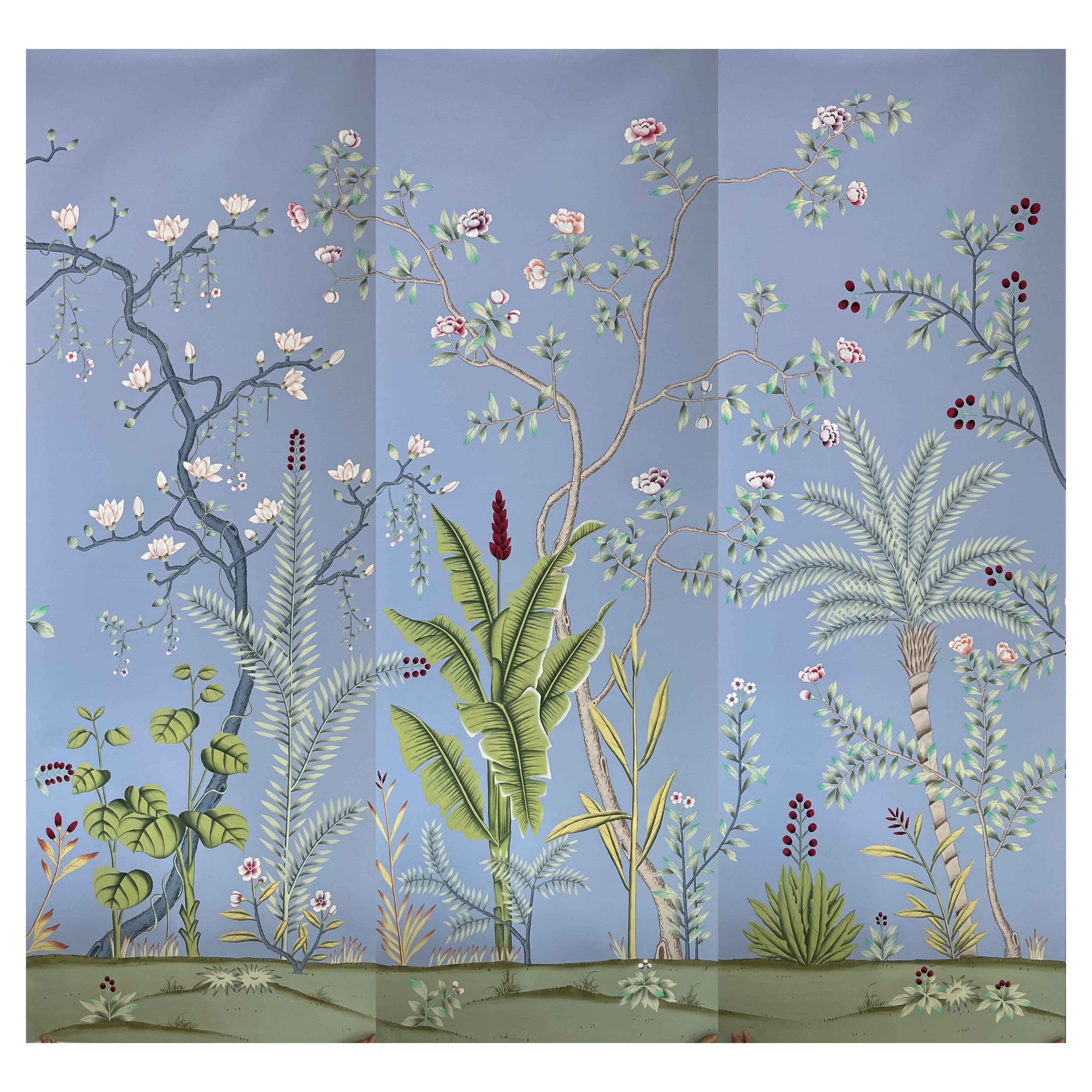 Palm Tree Chinoiserie Wallpaper Hand Painted Wallpaper on Silk Panel For Sale