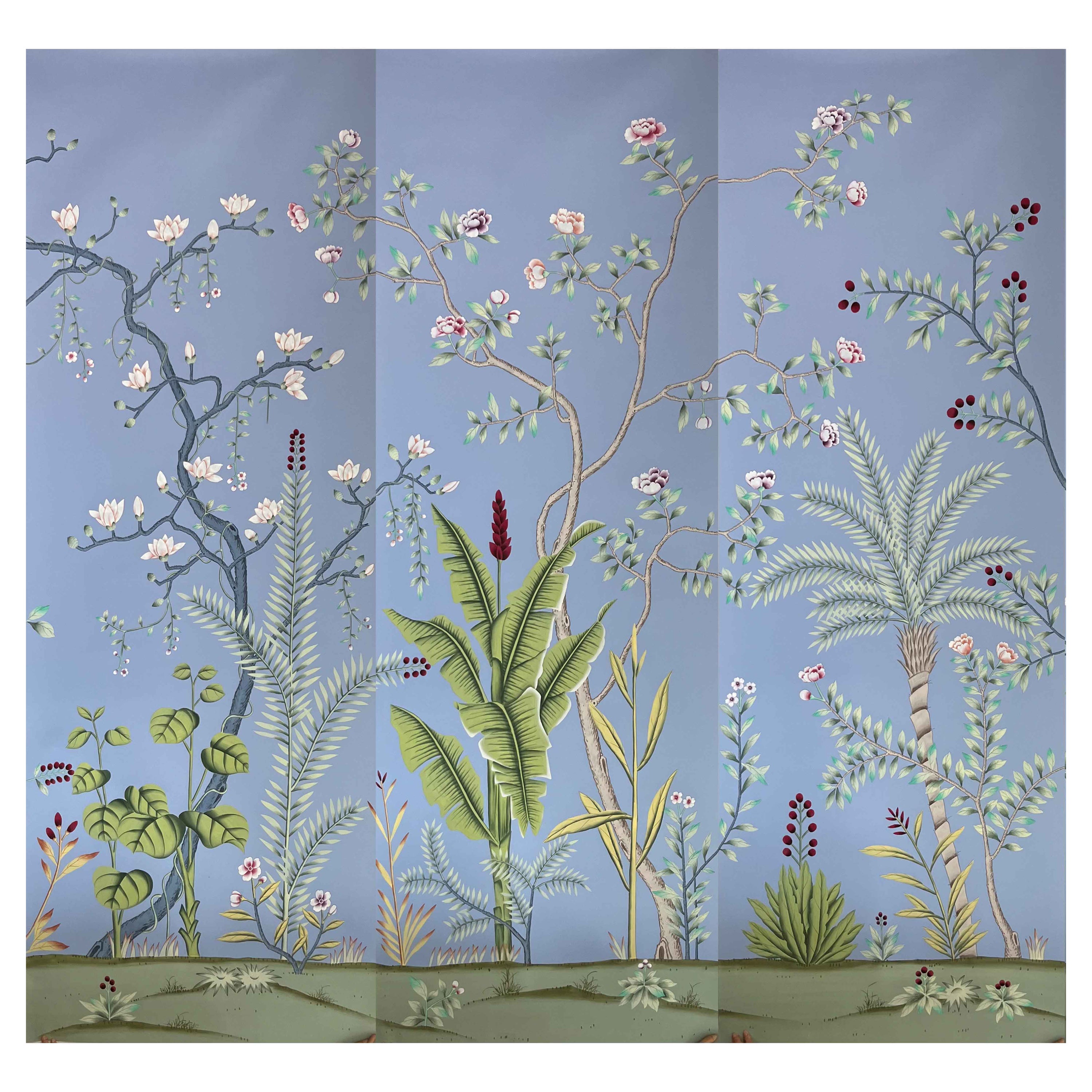 Carta da parati Chinoiserie Palm Tree Dipinta a mano su pannello di seta in vendita