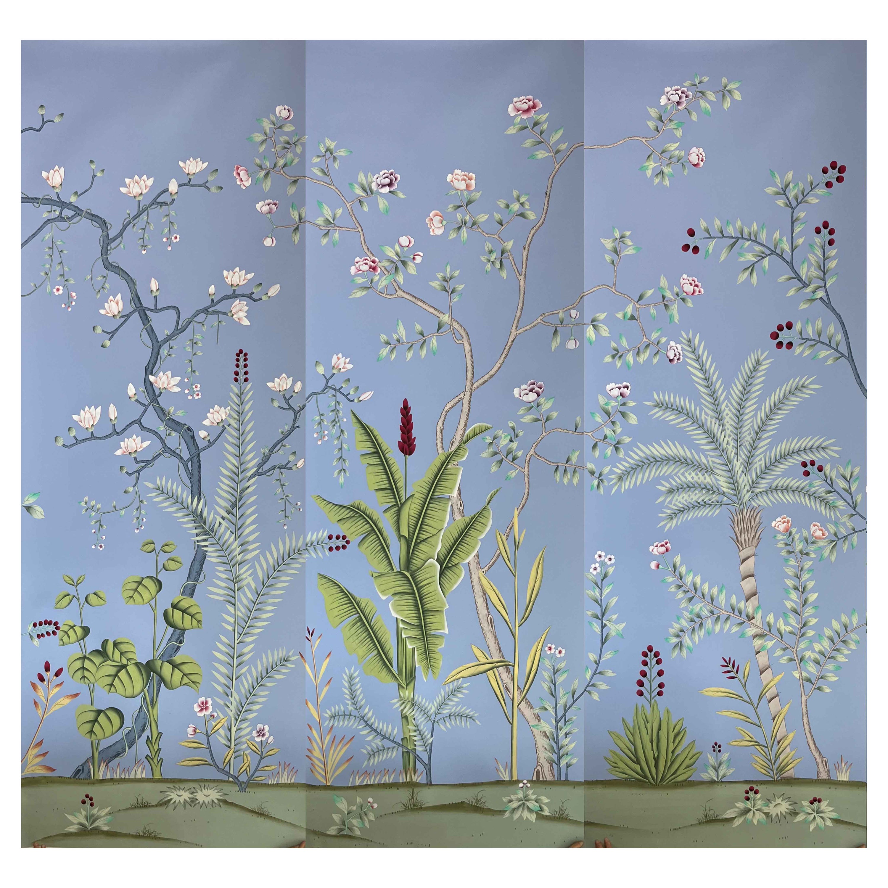 Palm Tree Chinoiserie Wallpaper Hand Painted Wallpaper on Silk Panel