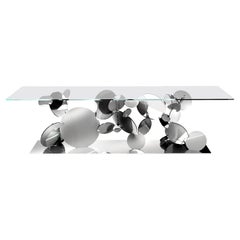 Dining Table Sculptural Stainless Steel Mirror Disks Base Tempered Glass Top 