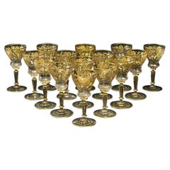 15 Gilt Intaglio Cut Glass Sherry Wine Glasses Florals, 2nd Quarter 20th Century