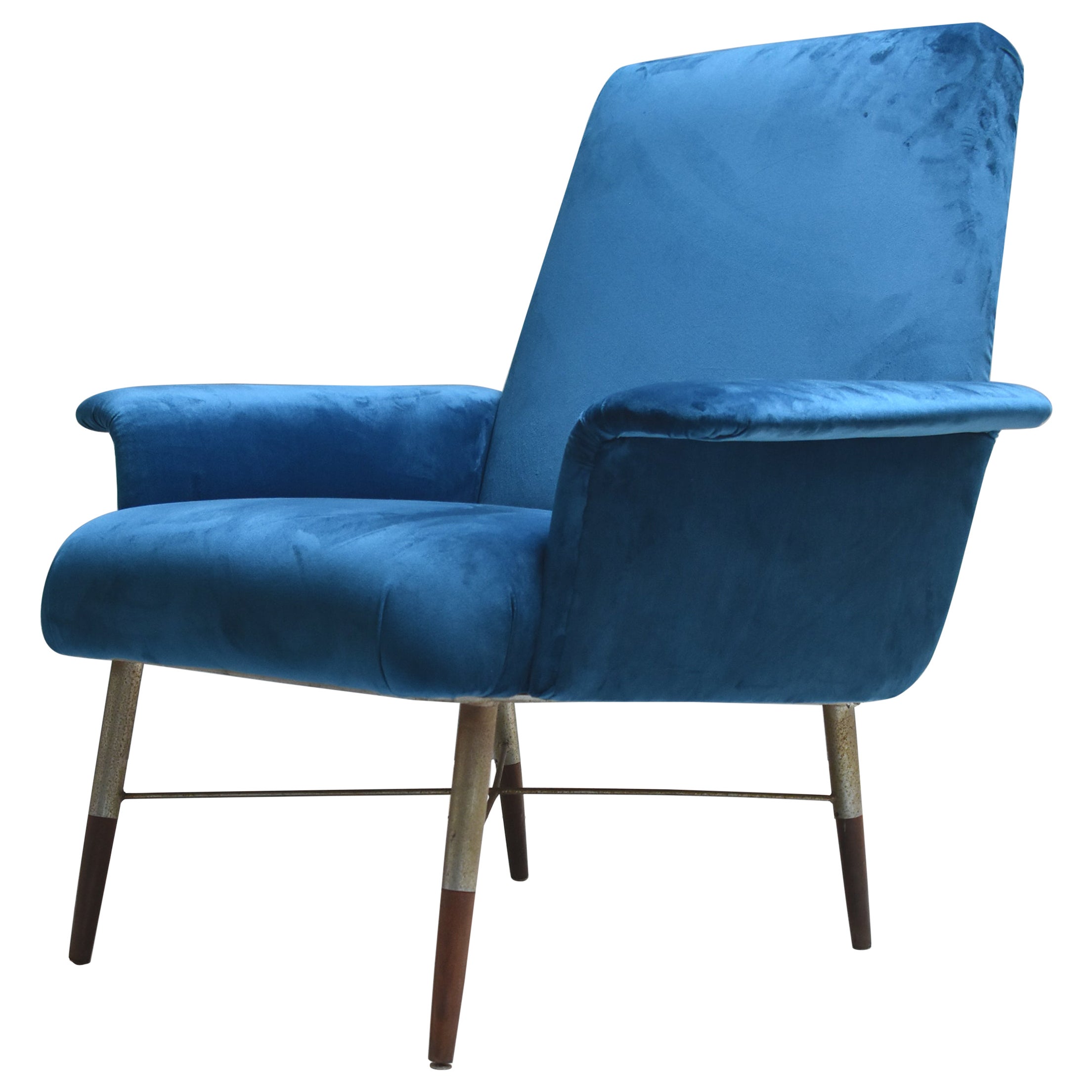 Mid-Century Modern Italian Vintage 1960s Armchair, Upholstery Petrol Blue Velvet
