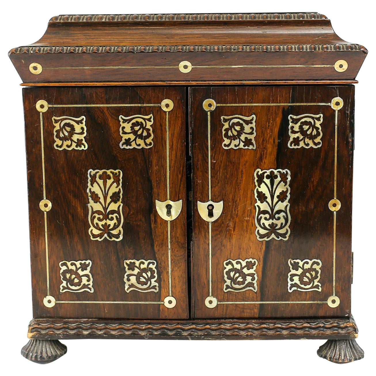 Miniature Wood Mother of Pearl & Leather Cabinet W Gilt & Mother of Pearl Inlay For Sale