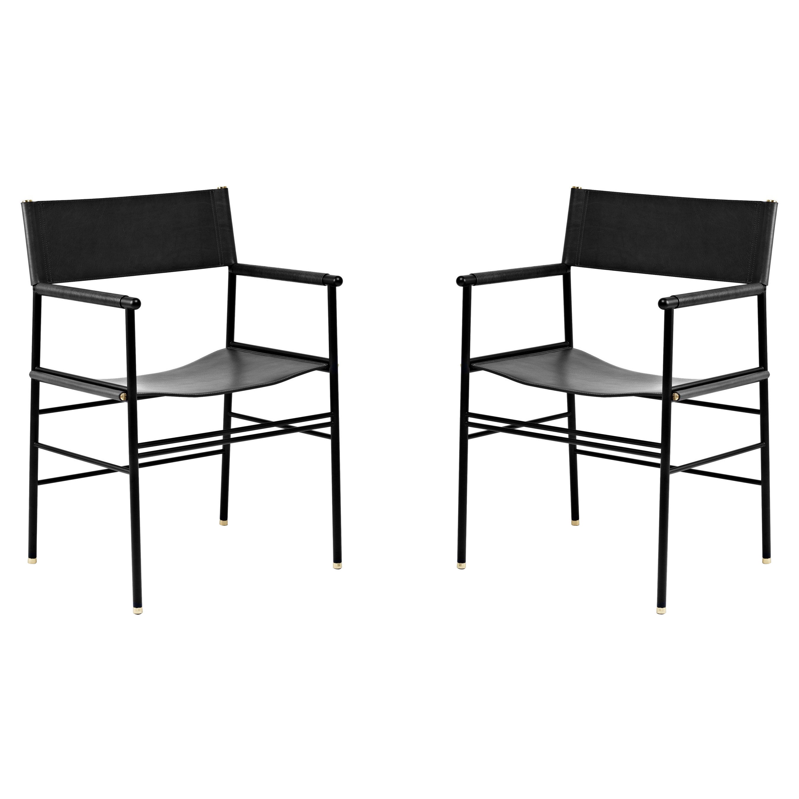 Pair Timeless Contemporary Armchair Black Leather & Black Rubber Metal For Sale