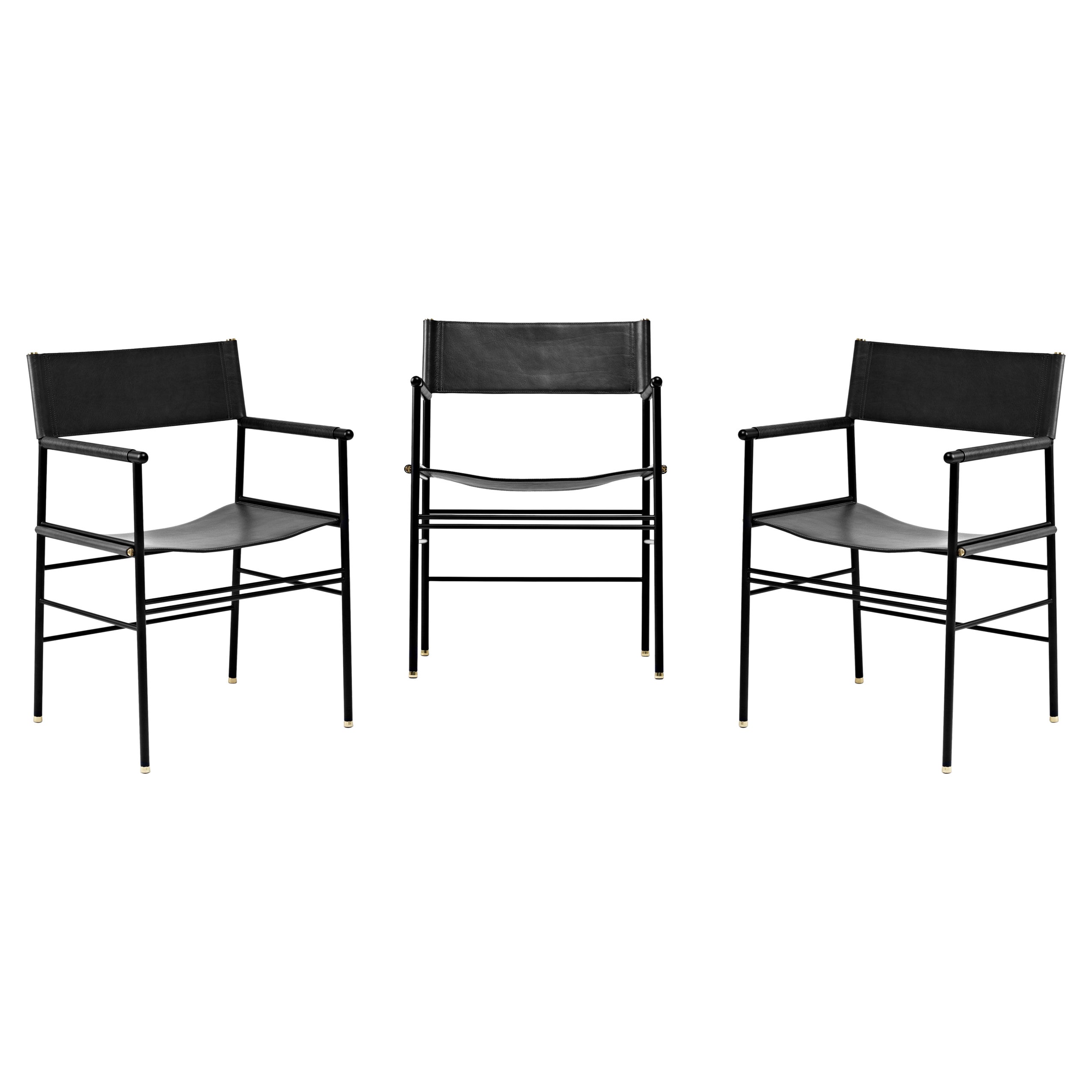 Set of 3 Handcrafted Contemporary Chair Black Leather & Black Rubber Metal For Sale