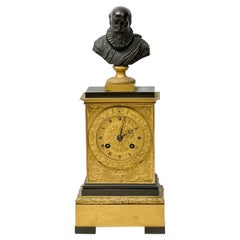 Continental Gilt Bronze Mantle Clock with Bronze Bust of a Scholar 2nd Q, 19th C