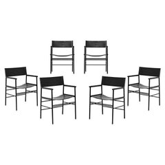 Klassischer zeitloser Sessel aus schwarzem Leder und schwarzem Gummimetall, 6er-Set