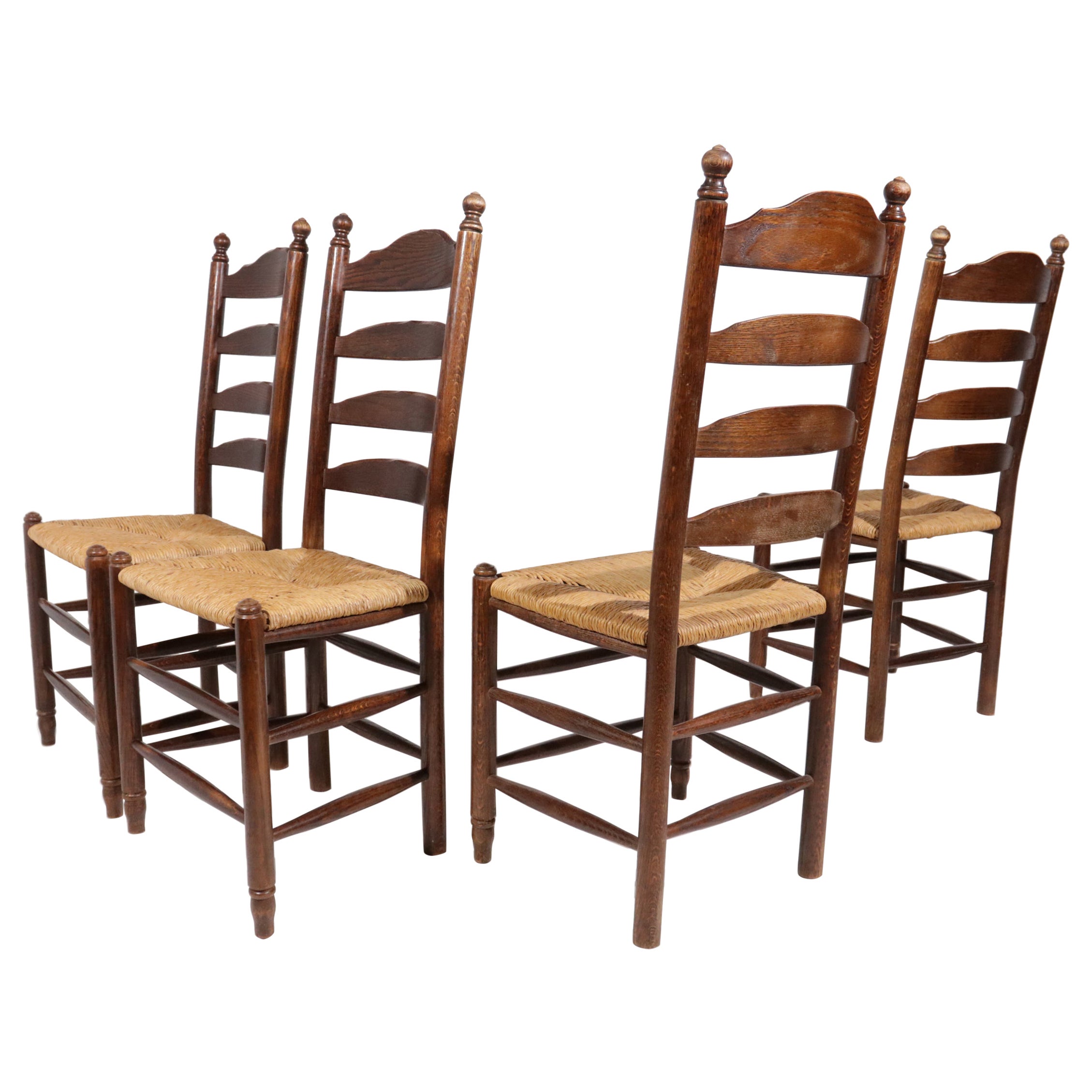 4 Dutch Ladder Back Oak Rush Seat Dining Chairs