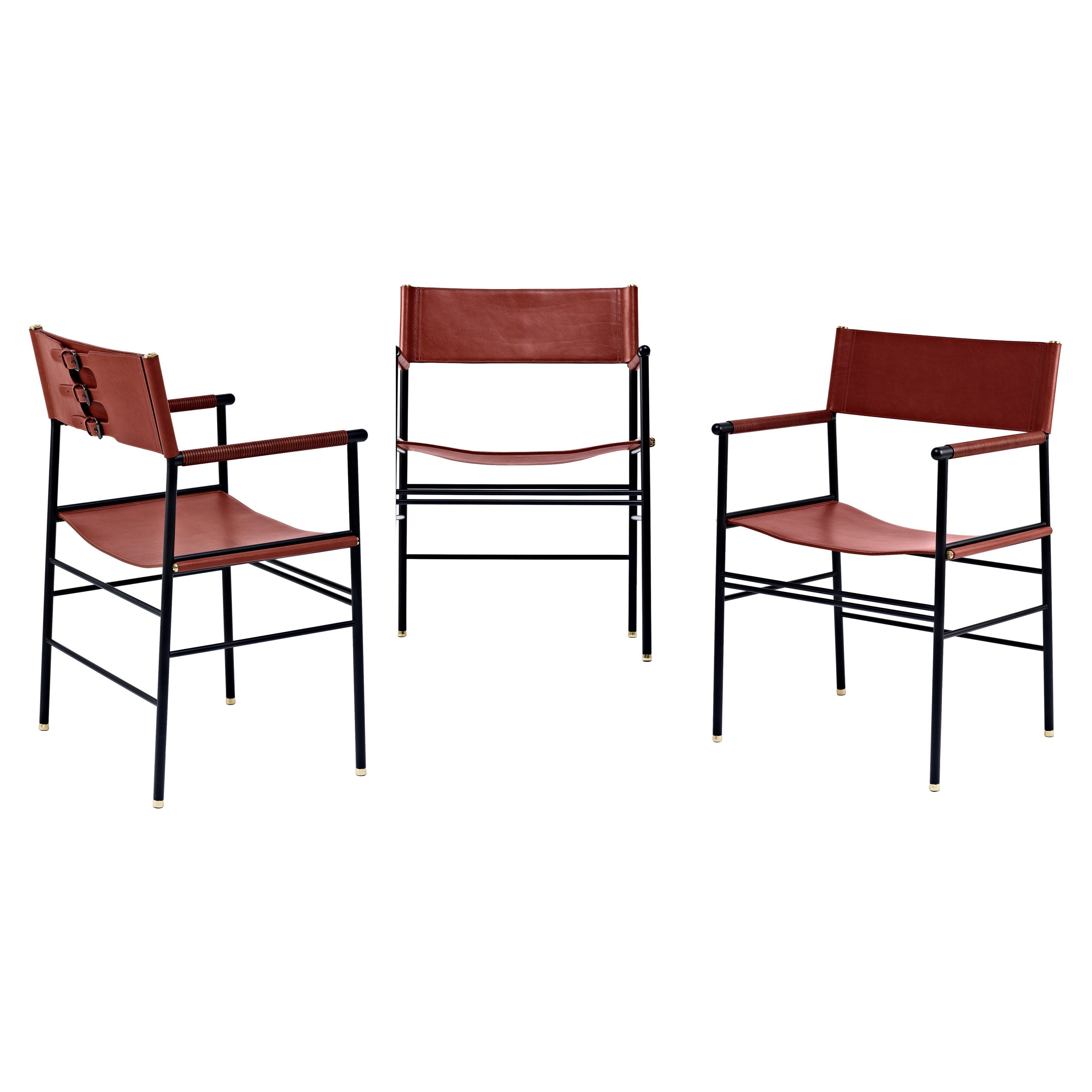 Set of 3 Handcraft Contemporary Armchair Cognac Leather & Black Rubbered Metal