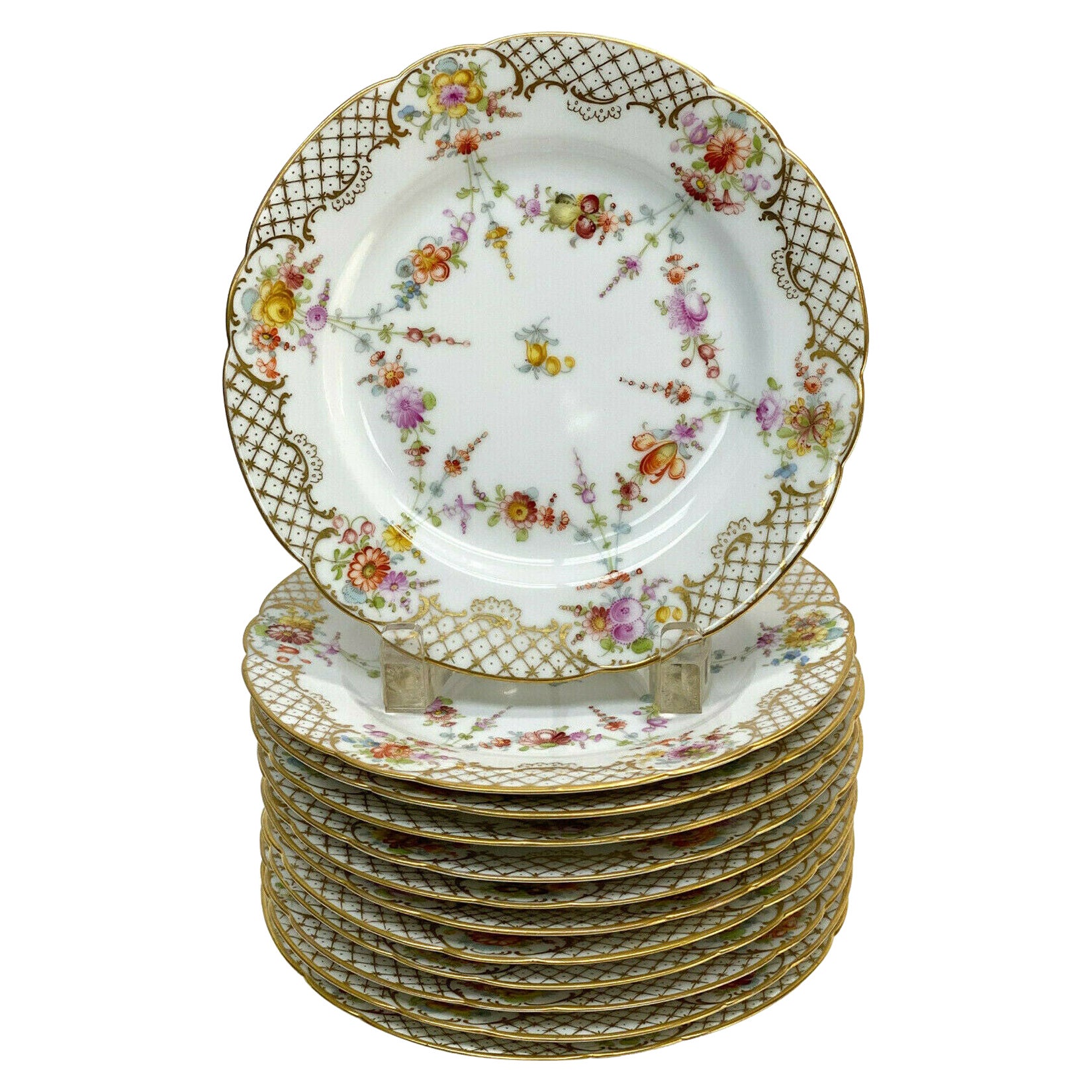 Set of 12 Dresden Ambrosius Lamm Hand Painted Porcelain Dessert Plates, Florals