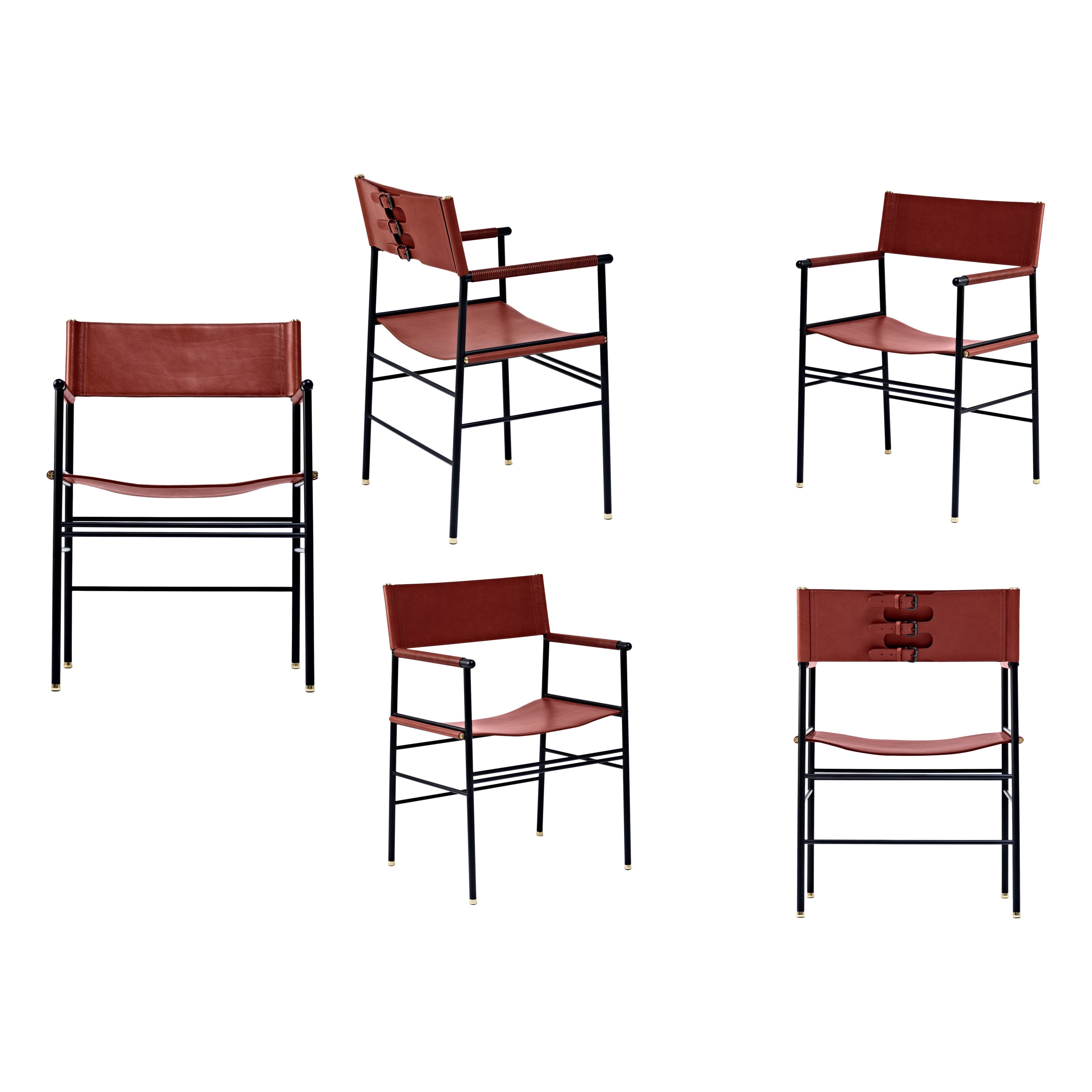 Set aus 5 handgefertigten zeitgenössischen Sesseln aus cognacfarbenem Leder und schwarzem Gummimetall