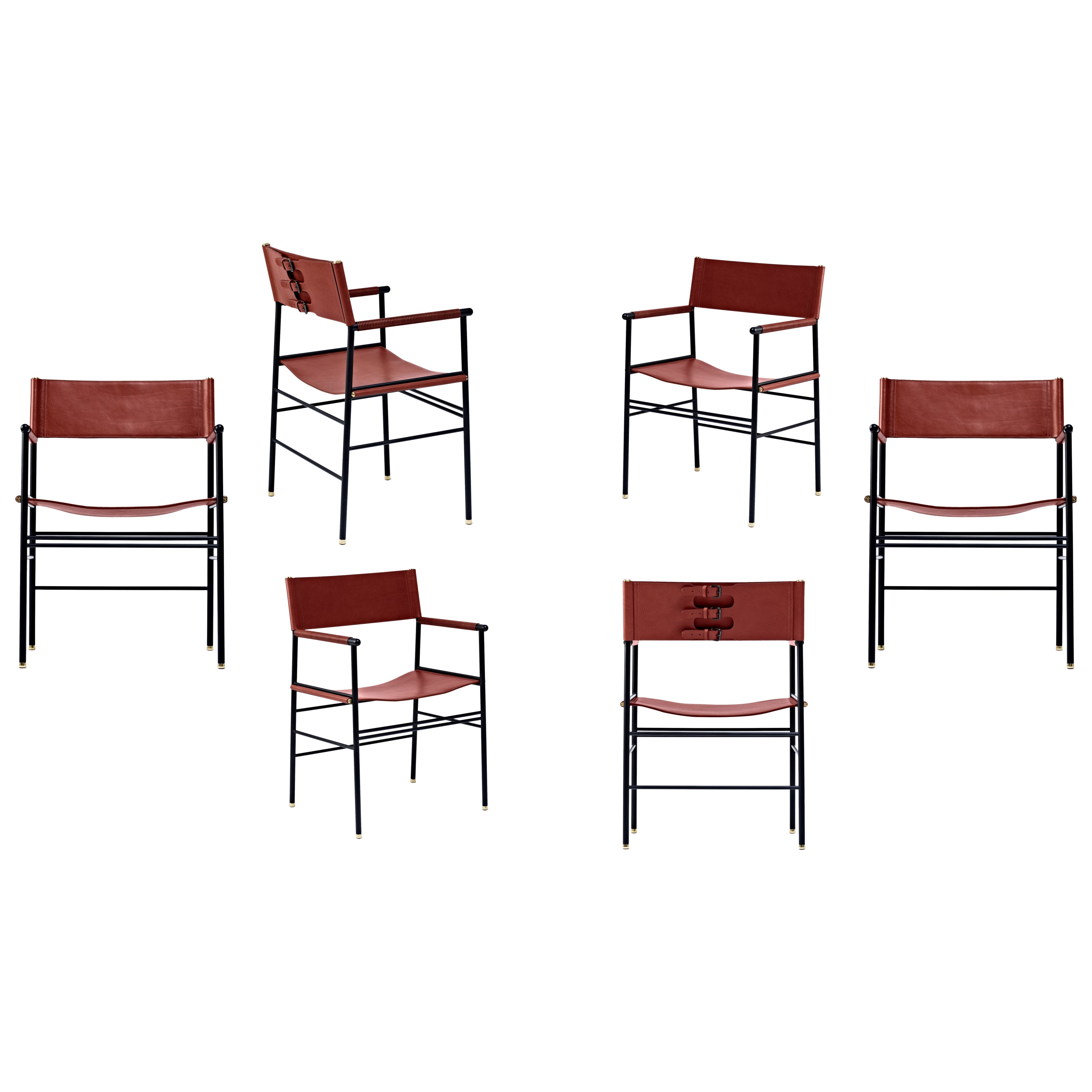 Set of 6 Timeless Classic Contemporary Chair Cognac Leather & Black Rubber Metal For Sale