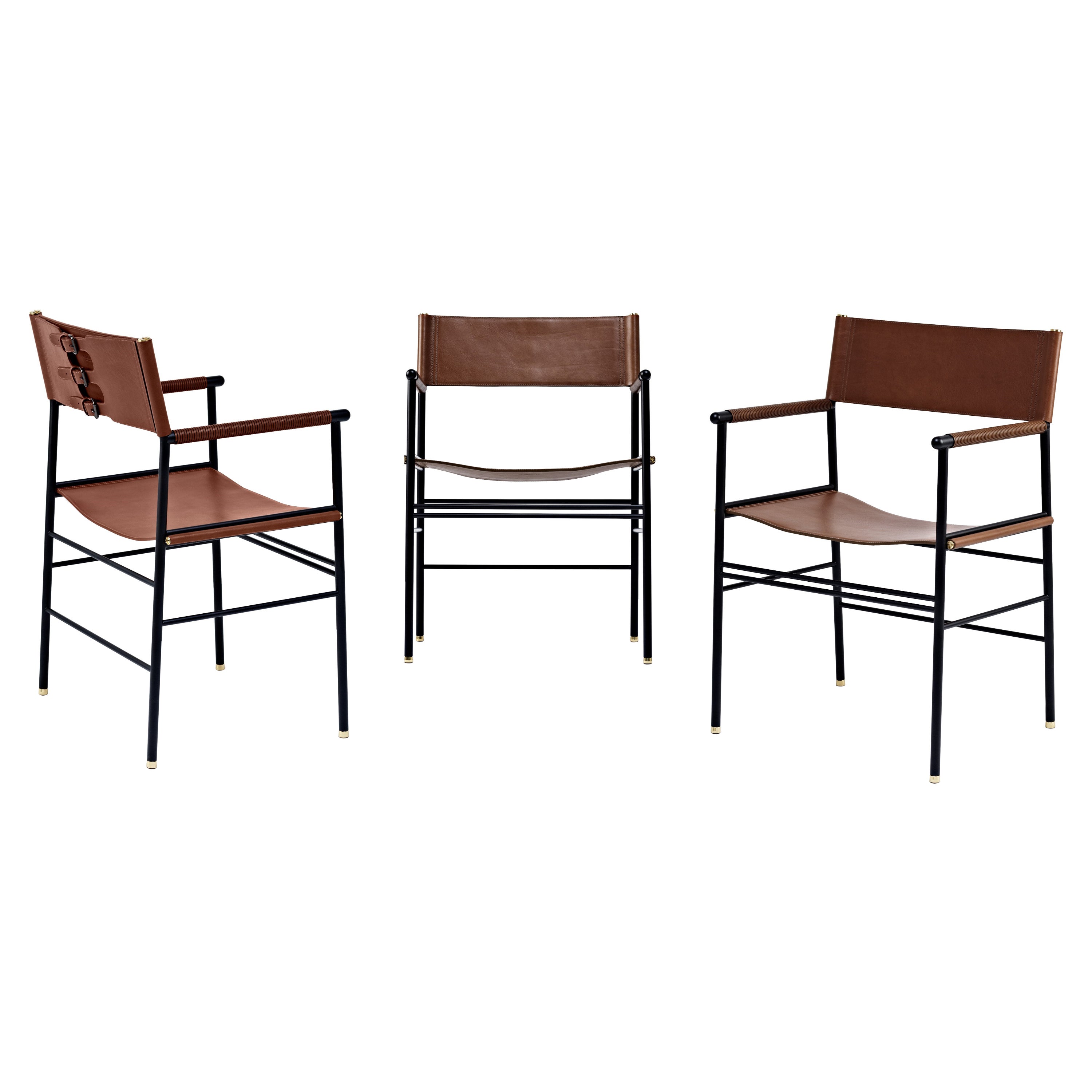 Set of 3 Contemporary Armchair Dark Brown Leather & Black Rubber Metal For Sale