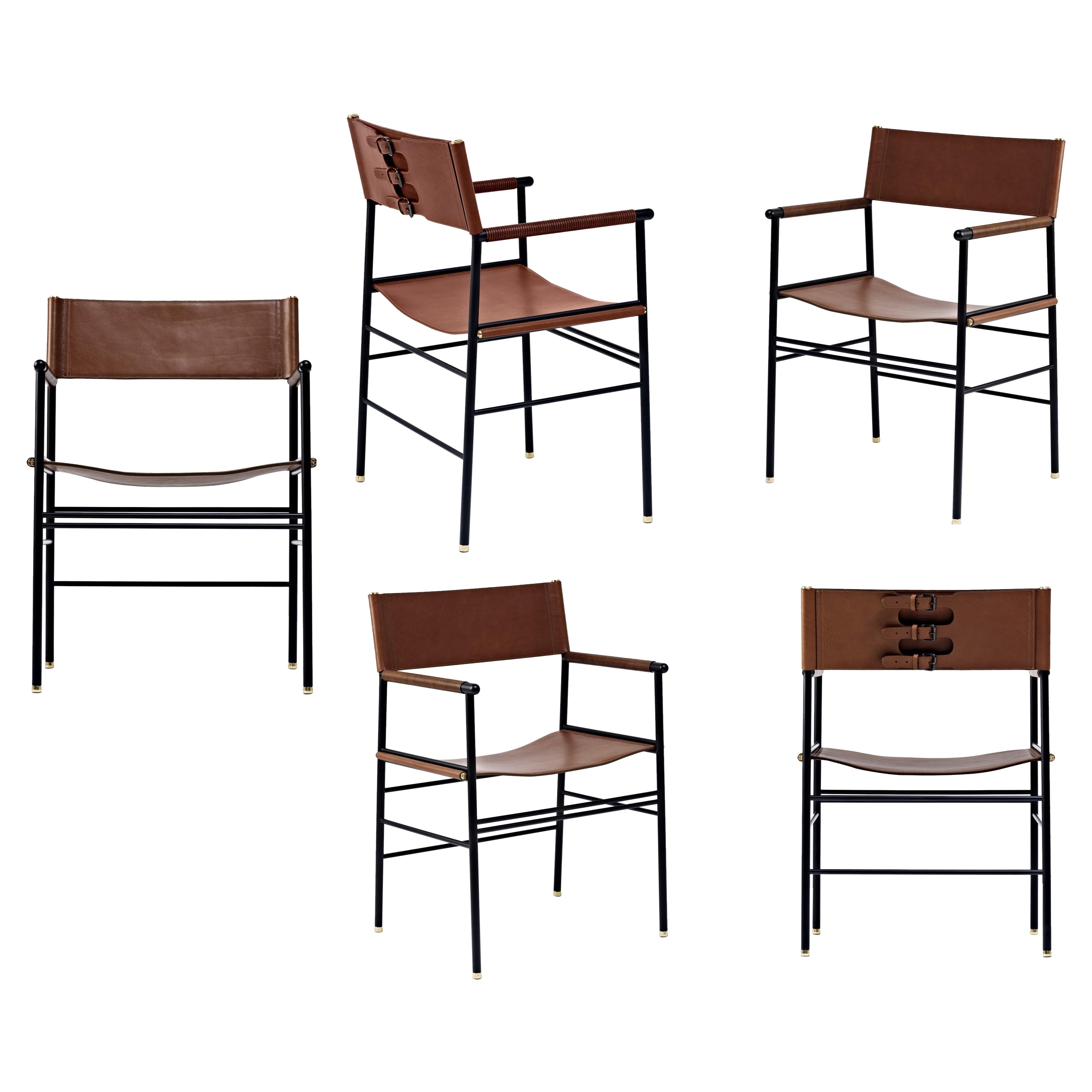 Ensemble de 5 fauteuils classiques contemporains en cuir marron foncé et métal en caoutchouc noir