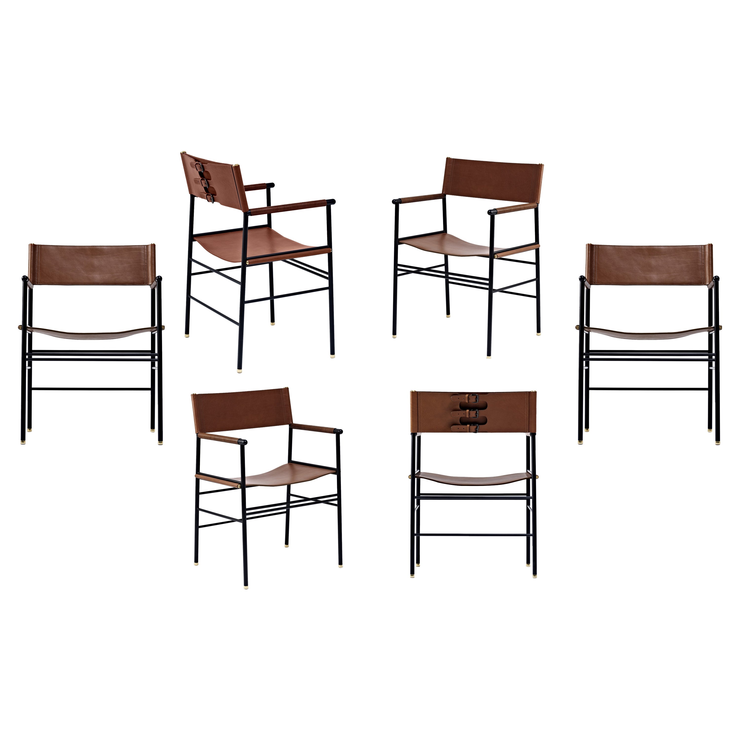 Ensemble de 6 chaises contemporaines classiques en cuir marron foncé et métal en caoutchouc noir