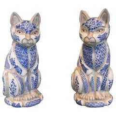 1980s Pair of Delft Ceramic Cats