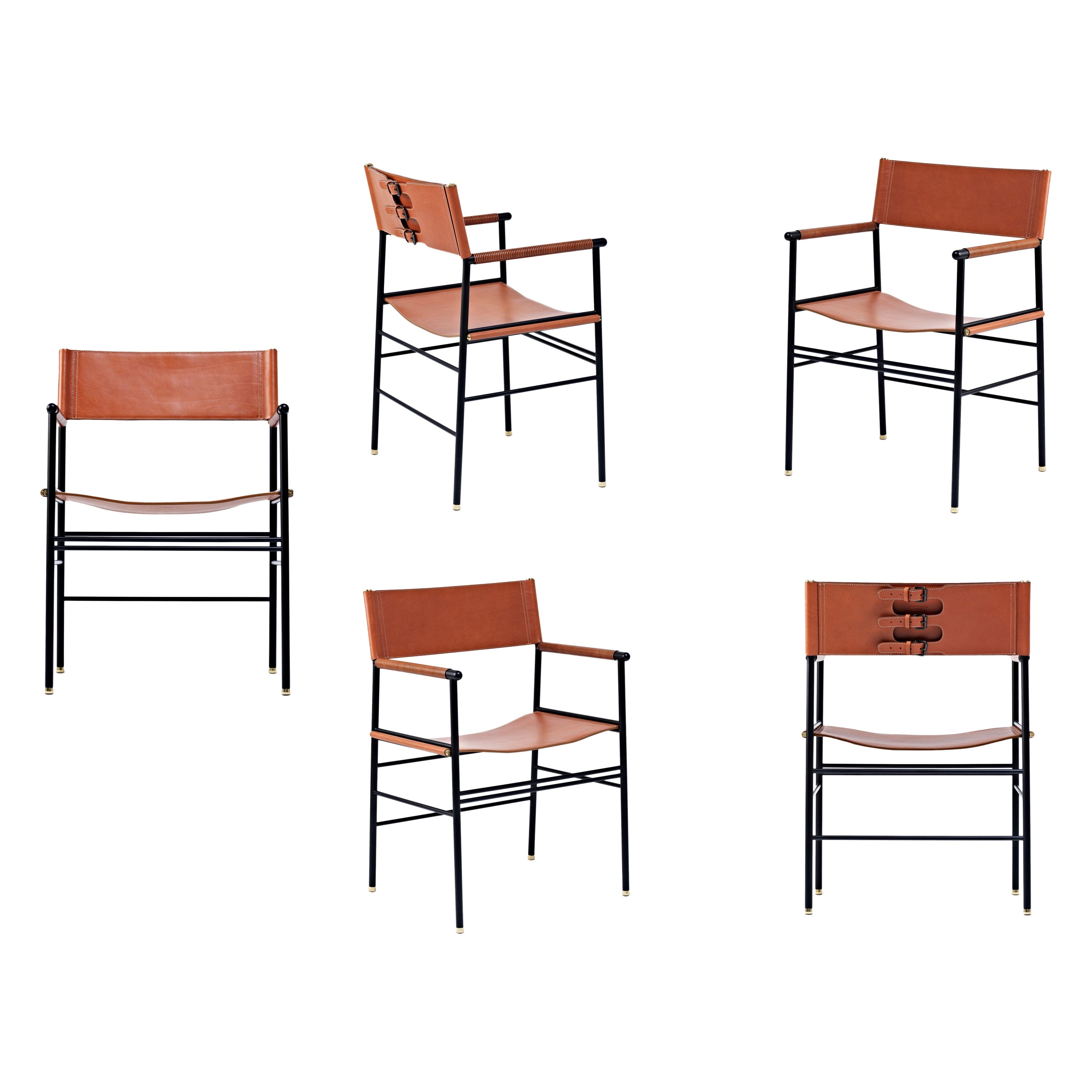 5er-Set zeitgenössischer Kunsthandwerklicher Stuhl aus natürlichem braunem Leder und schwarzem Gummimetall 