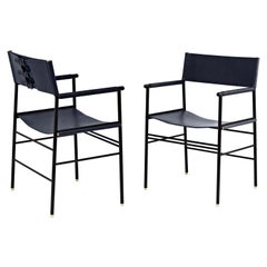 Pair Artisanal Classic Contemporary Chair Navy Blue Leather & Black Rubber Metal
