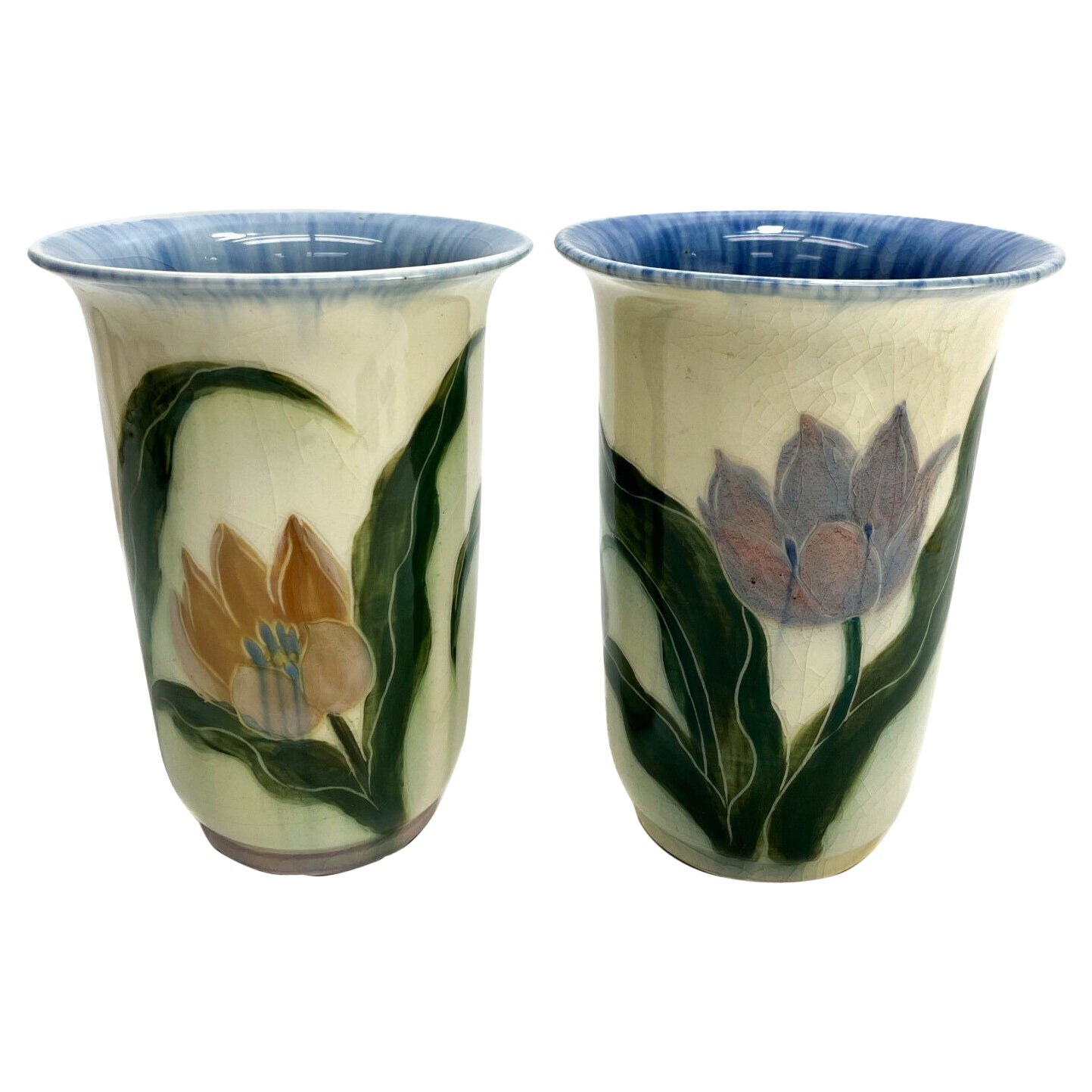 Pair of Rookwood Pottery Vases by E.T. Hurley #6806, Hand Painted Tulips, 1943