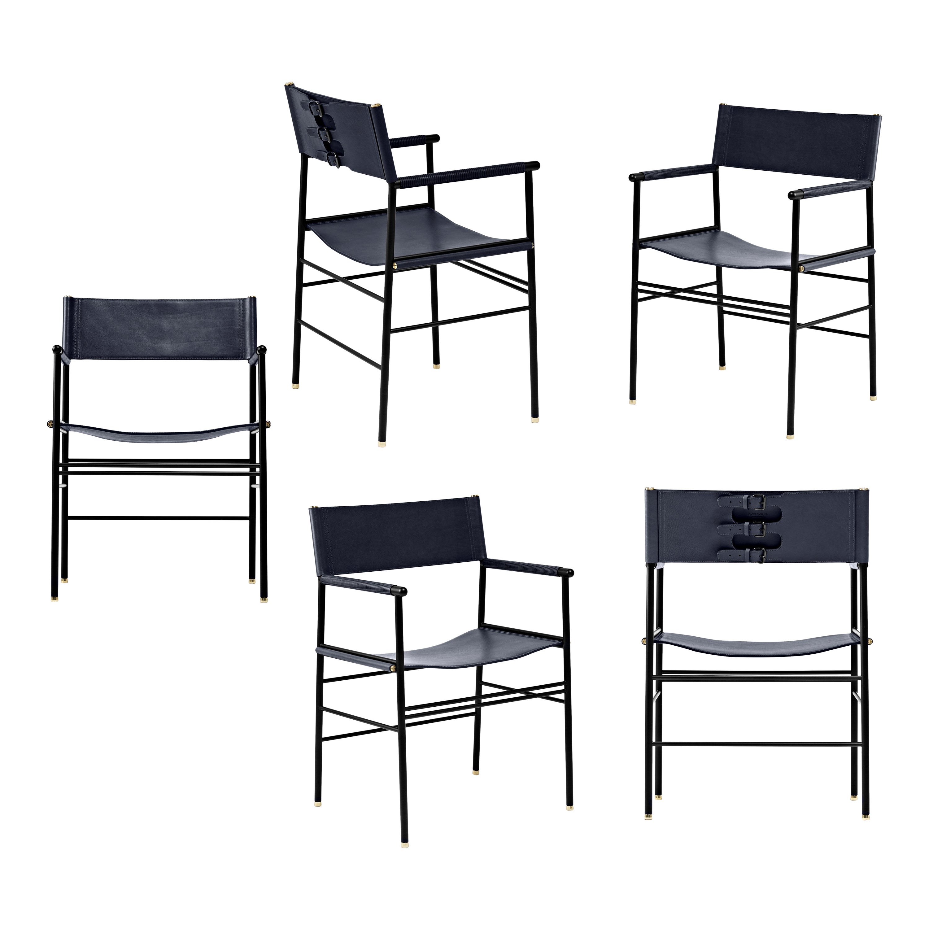 5er-Set zeitgenössischer Stuhl aus marineblauem Leder und schwarzem Gummimetall im Angebot