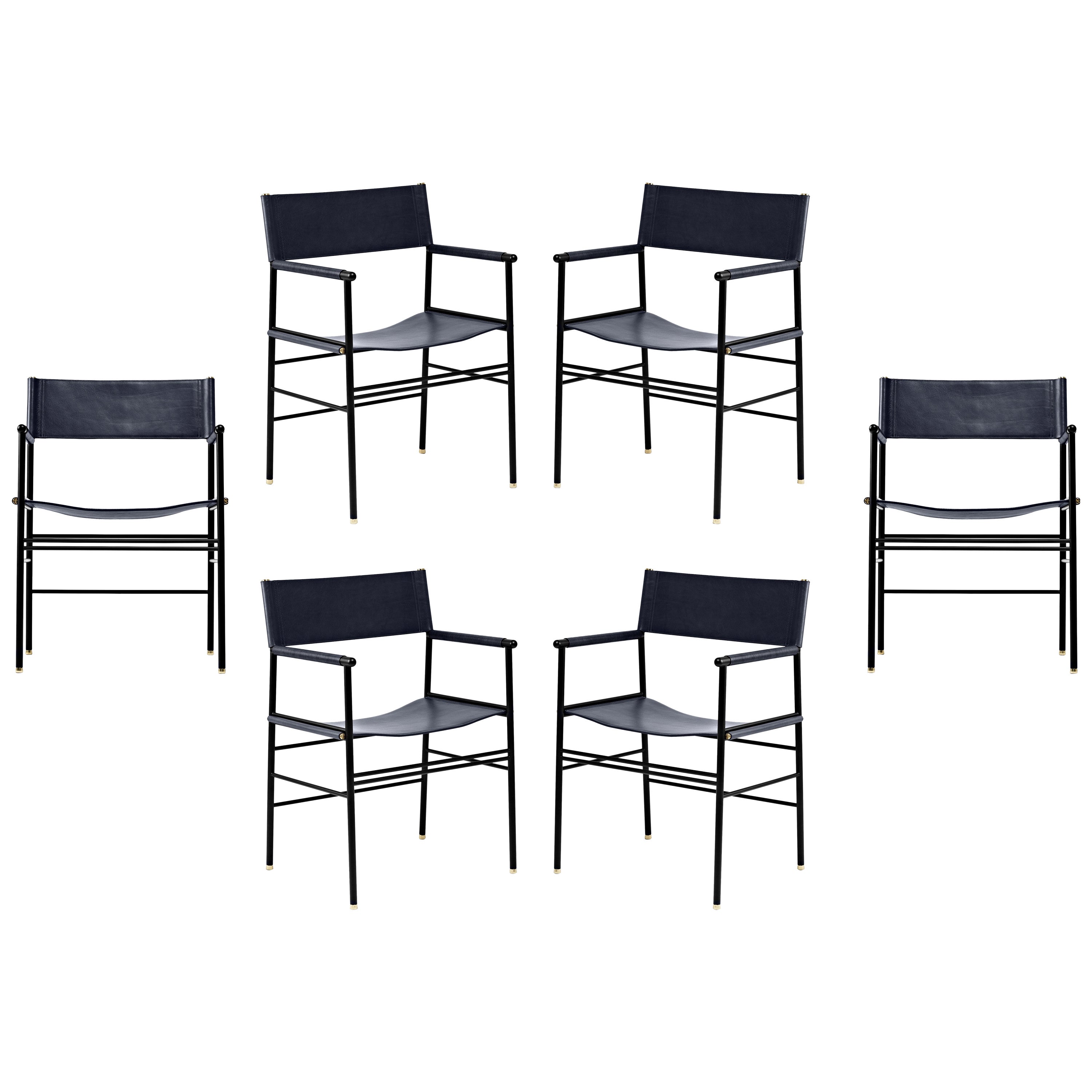 Set of 6 Classic Contemporary Armchair Navy Blue Leather & Black Rubber Metal For Sale