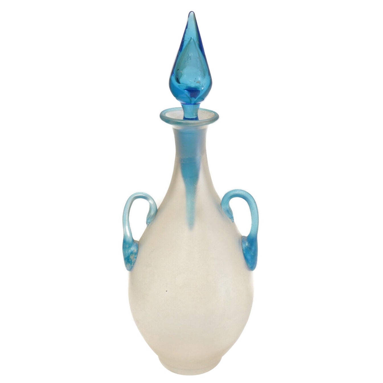 Steuben Silk Glass Perfume Bottle with Handles & Celeste Blue Stopper #3048 For Sale