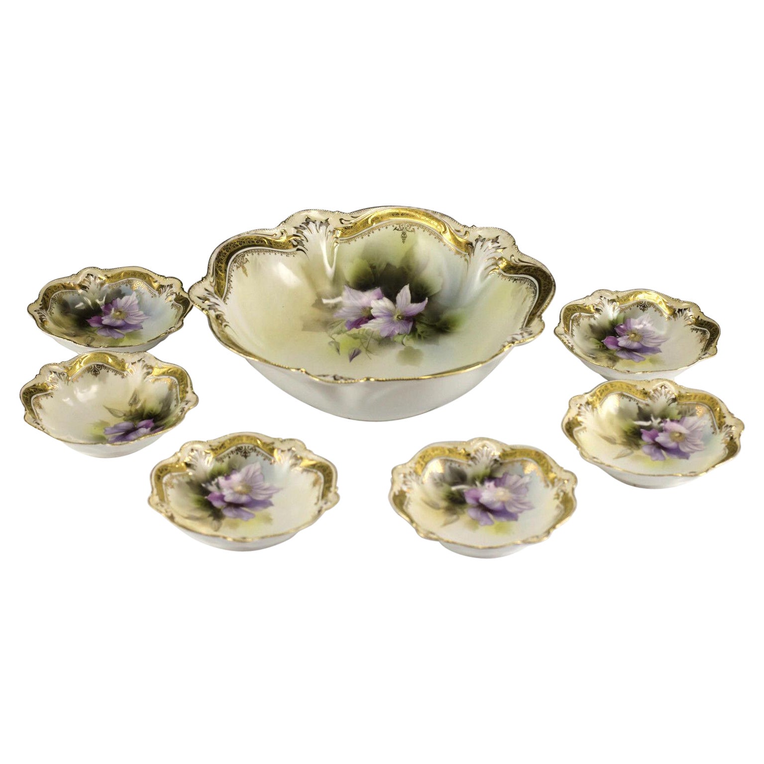 7 Pc Set R S Prussia Porcelain Berry Serving & Small Bowls, Early 20th Century For Sale