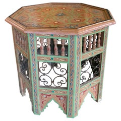 Moroccan Side Table in Carved and Hand Painted Wood