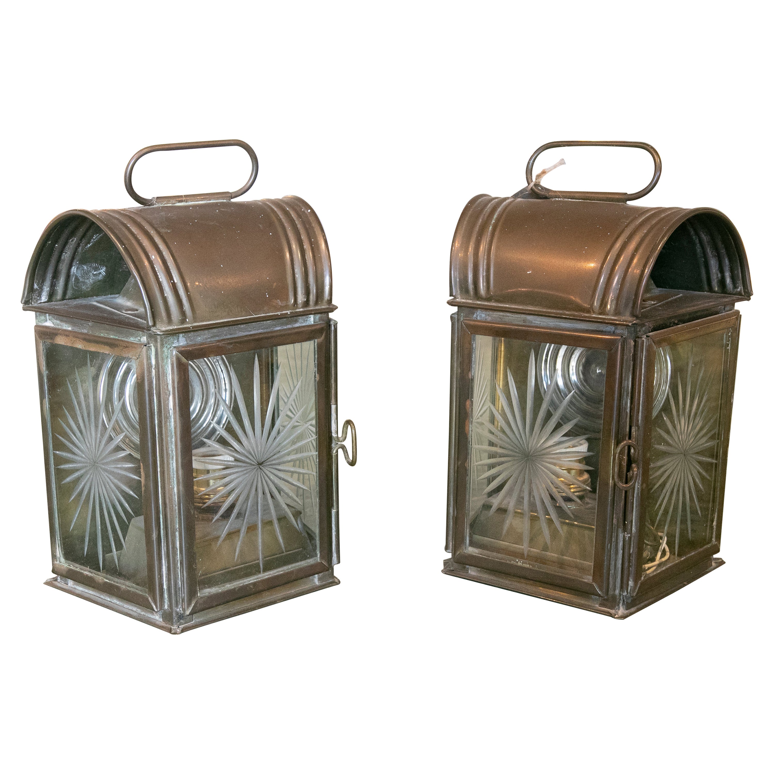 1970s Pair of Metal Lanterns with Carved Crystals  For Sale
