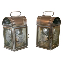 Retro 1970s Pair of Metal Lanterns with Carved Crystals 