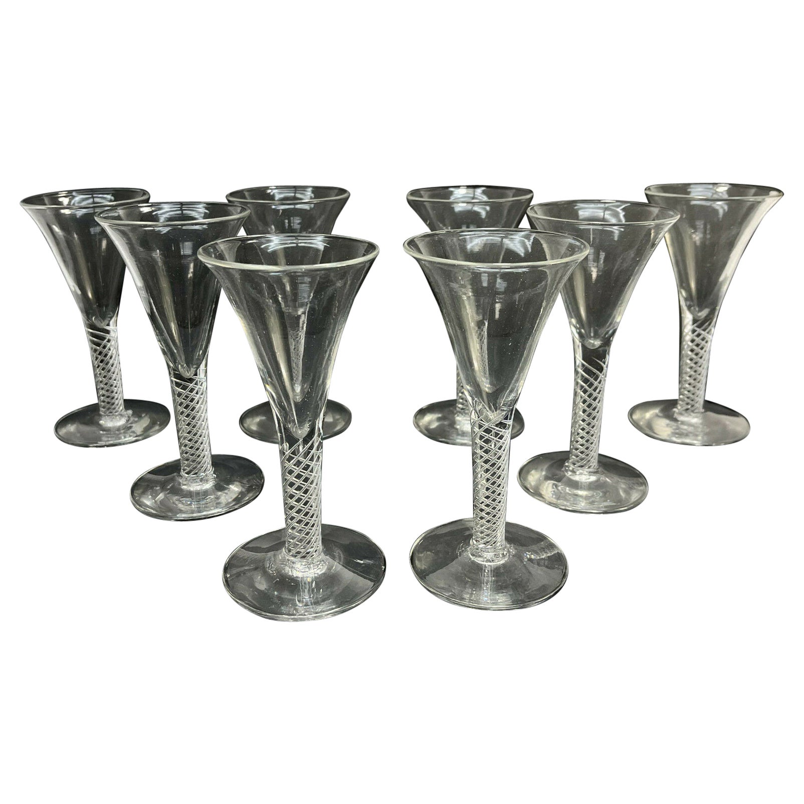 Set of 8 English Striation Air Twist Stem Wine Goblets, 19th Century or Earlier For Sale