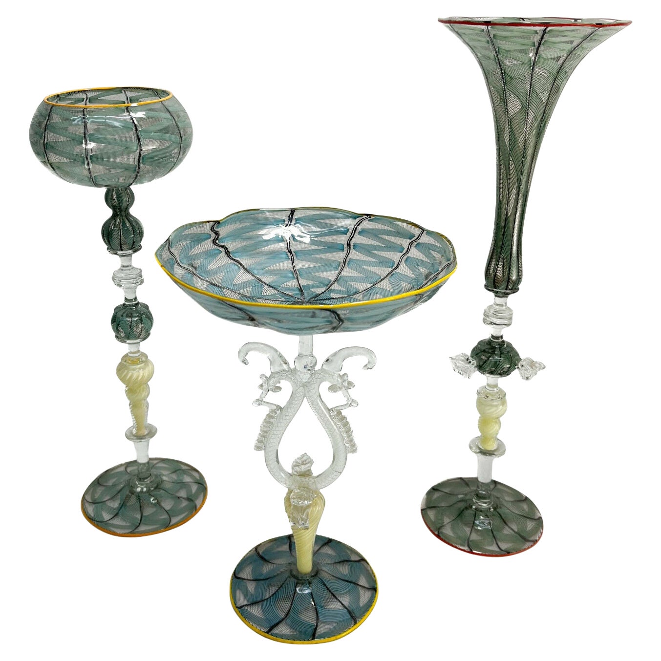 3 Piece Venetian Blue Latticino Striped Art Glass Garniture, 2nd Half 20th Cent
