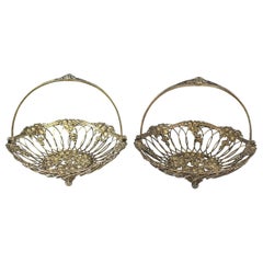 Vintage Pair Gilt Sterling Silver Reticulated Swing Handle Footed Baskets, Howard & Co