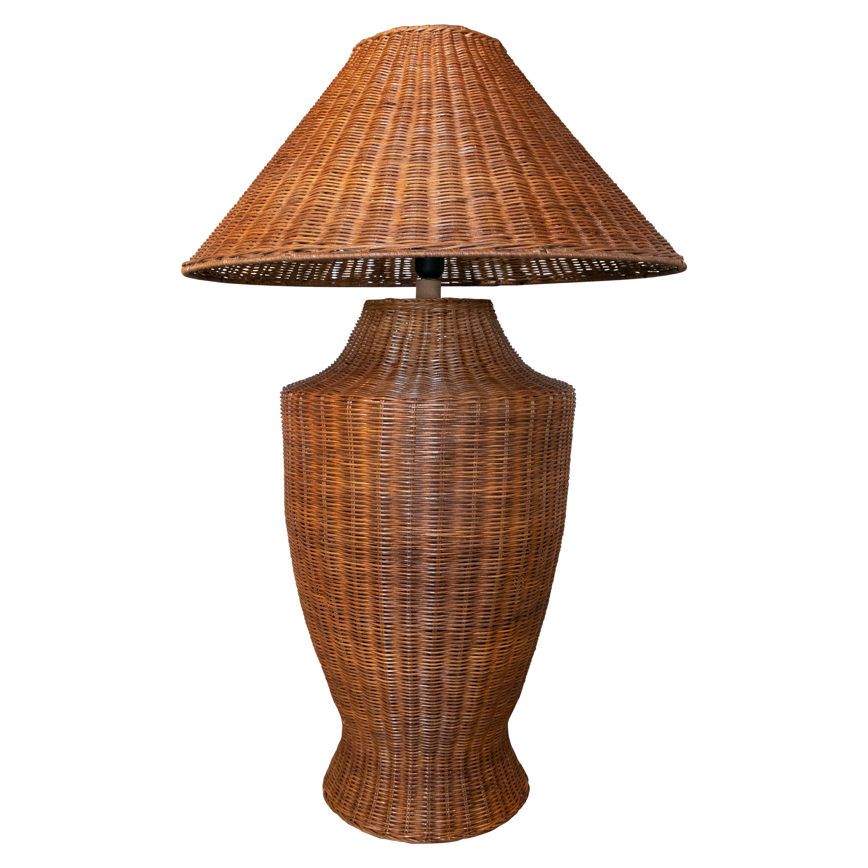 1970s Spanish Handmade Woven Wicker Lamp with Shade at 1stDibs