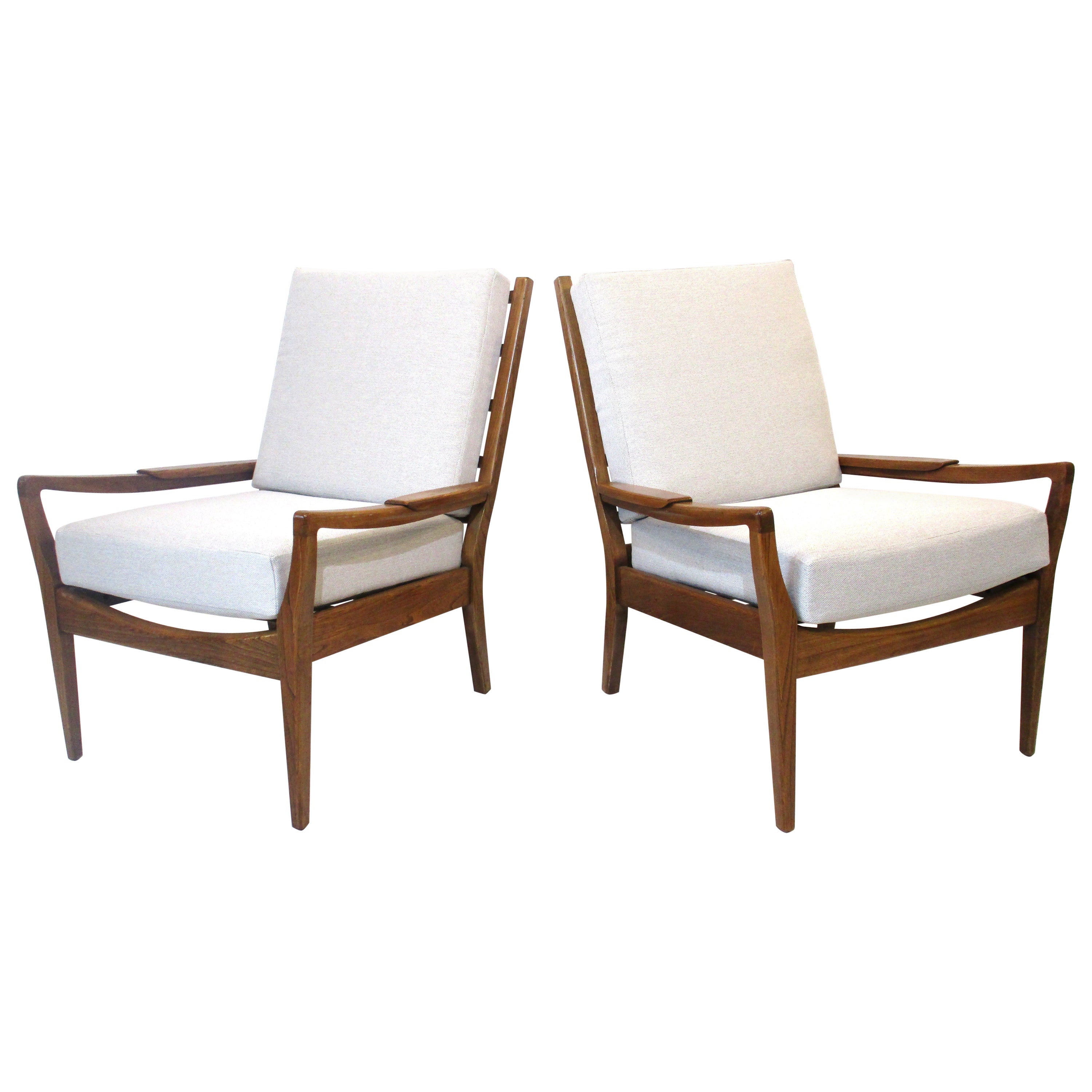 Mid Century French Oak Upholstered Lounge Chairs