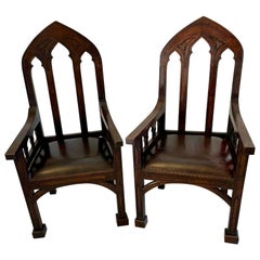 Unusual Large Pair of Antique Victorian Quality Oak Gothic Throne Armchairs