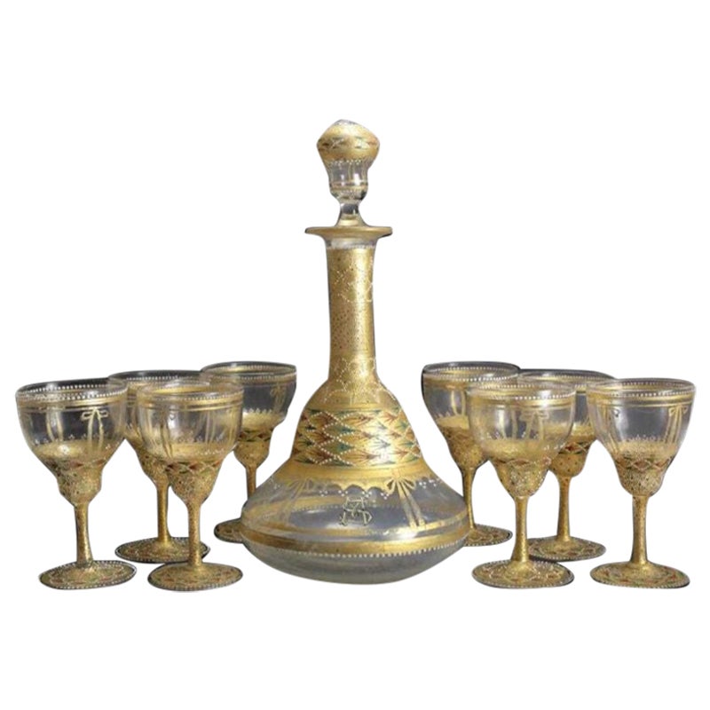 Venetian Gilt & Enamel Wine Glass & Decanter Set, 19th Century