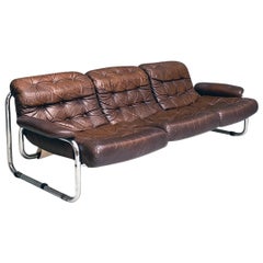 Swedish Modern Steel Brown Leather Sofa, Johann Bertil Häggström for Ikea,  1970s at 1stDibs | ikea borkum, ikea brown leather sofa, vintage ikea couch