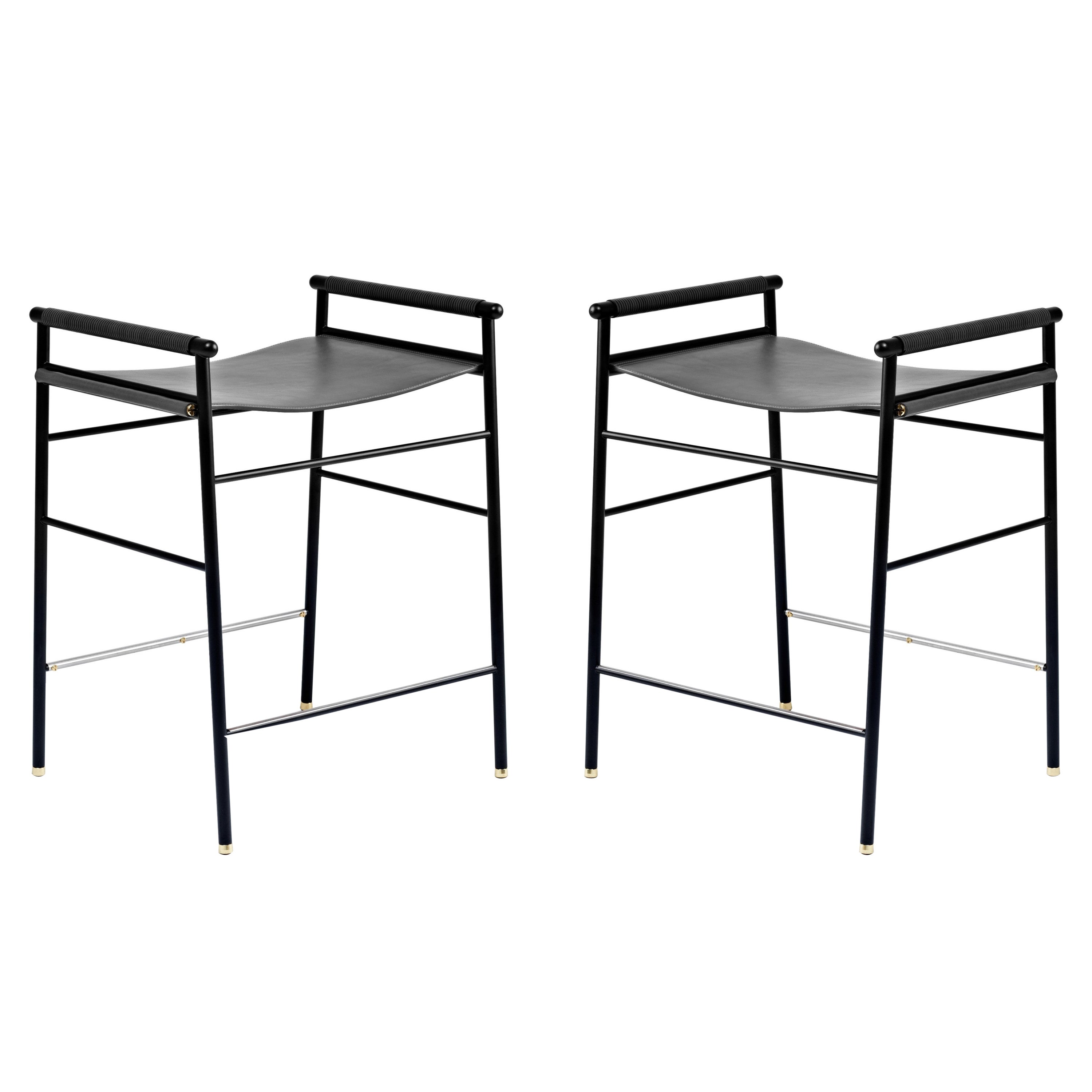 Pair Artisan Contemporary Counter Bar Stool Black Leather Black Rubber Metal For Sale