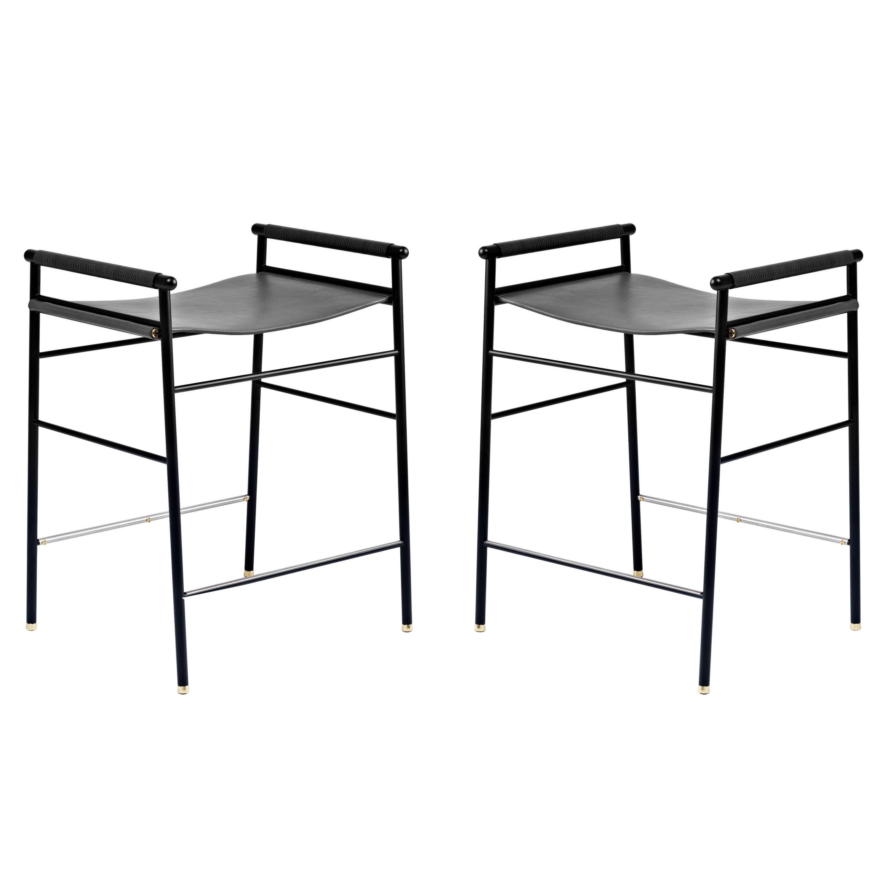 Pair Artisan Contemporary Counter Bar Stool Black Leather Black Rubber Metal