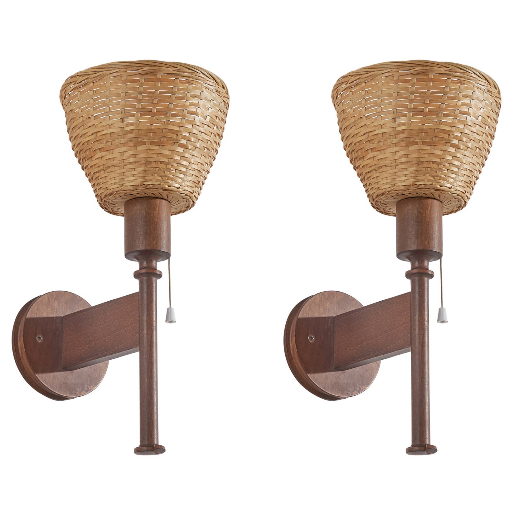 Uno Kristiansson, Wall Lights, Pine, Rattan, Sweden, 1970s For Sale