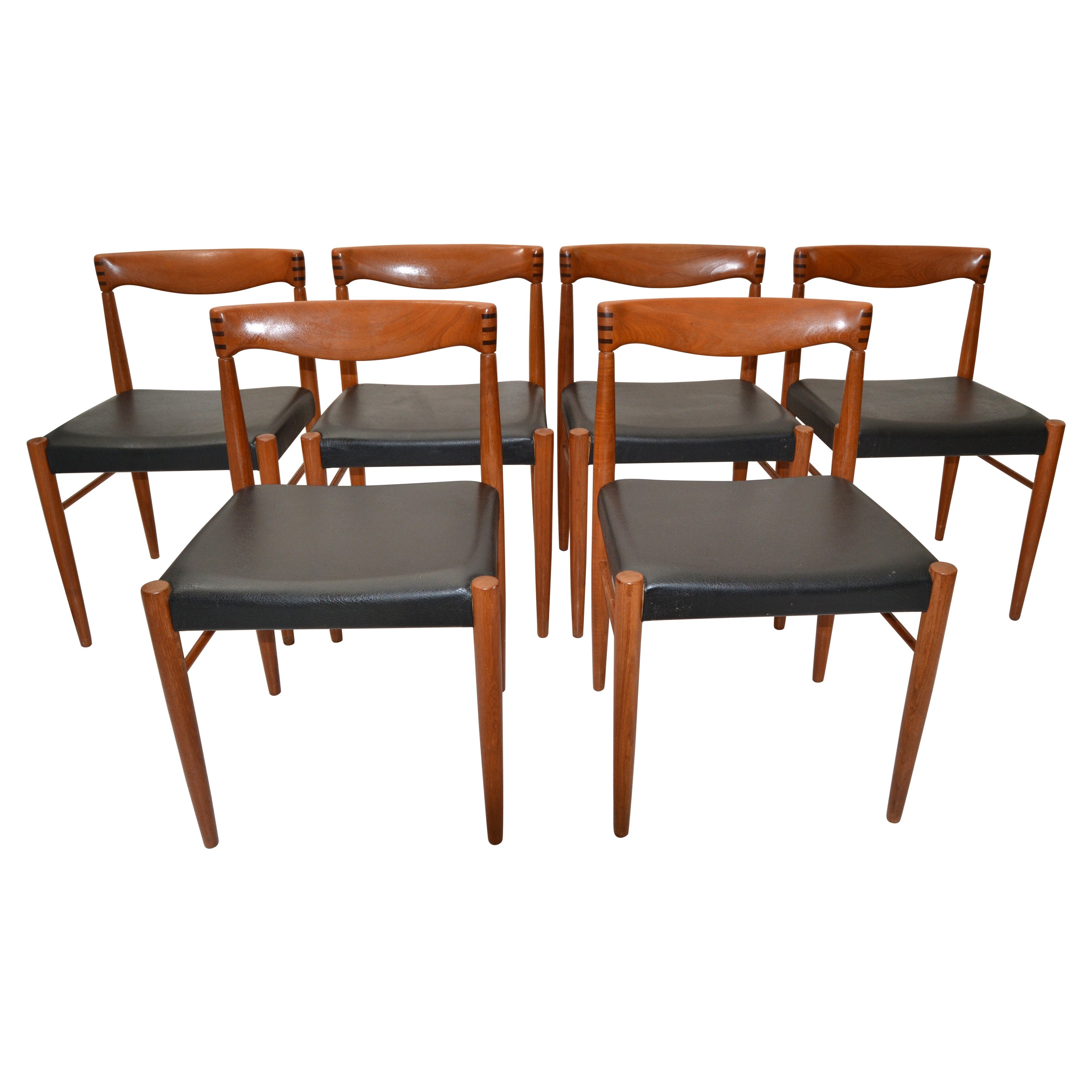 Ensemble de 6 chaises de salle à manger en teck et vinyle noir Henry Walter Klein Scandinavian Modern en vente