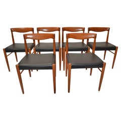 Retro Set of 6 Henry Walter Klein Teak & Black Vinyl Dining Chairs Scandinavian Modern