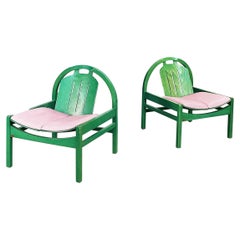 French Modern Chairs Argos in Pink Leather and Green Wood by Baumann, 1970s