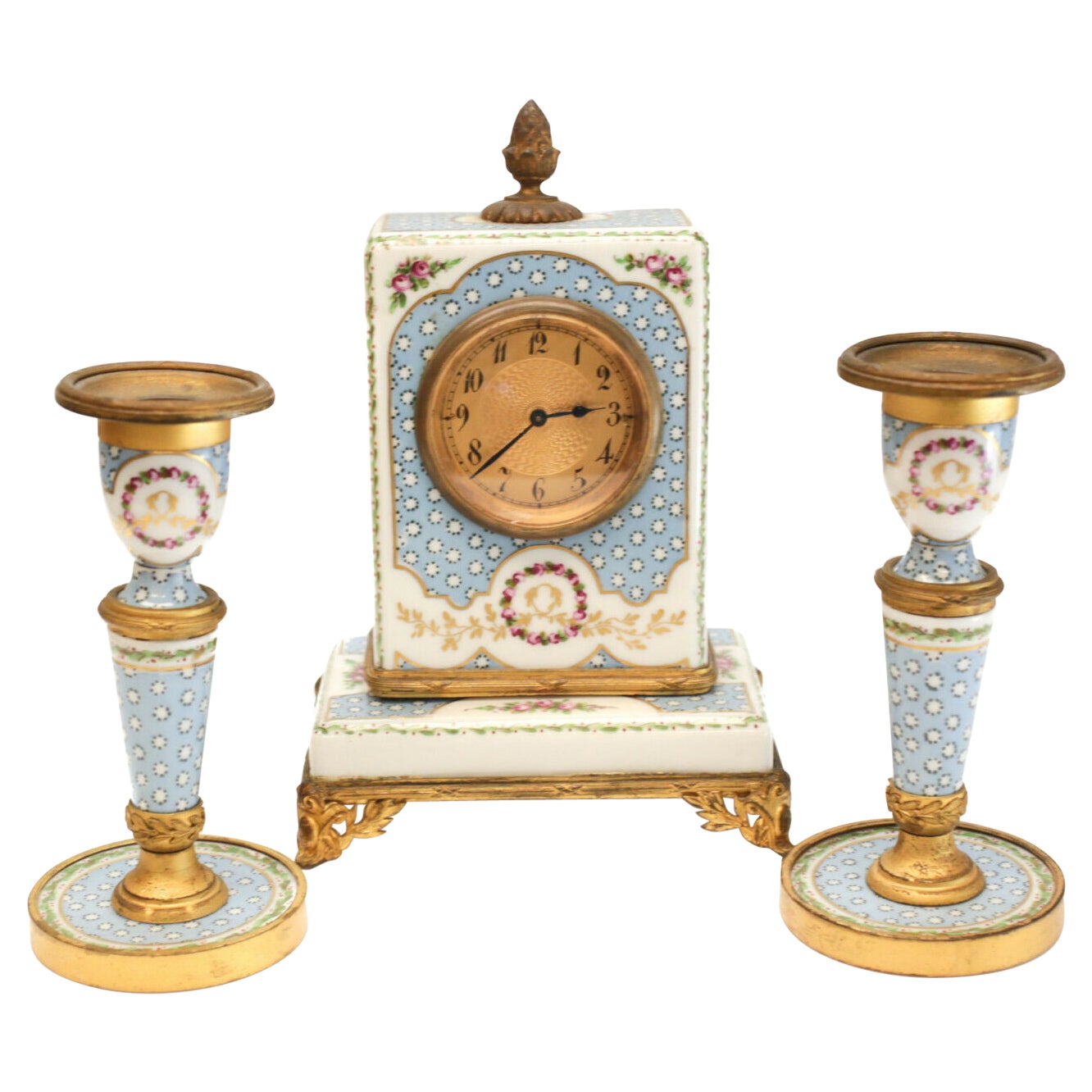 Sevres France Hand Painted Porcelain Clock Mantel Set, circa 1900 For Sale