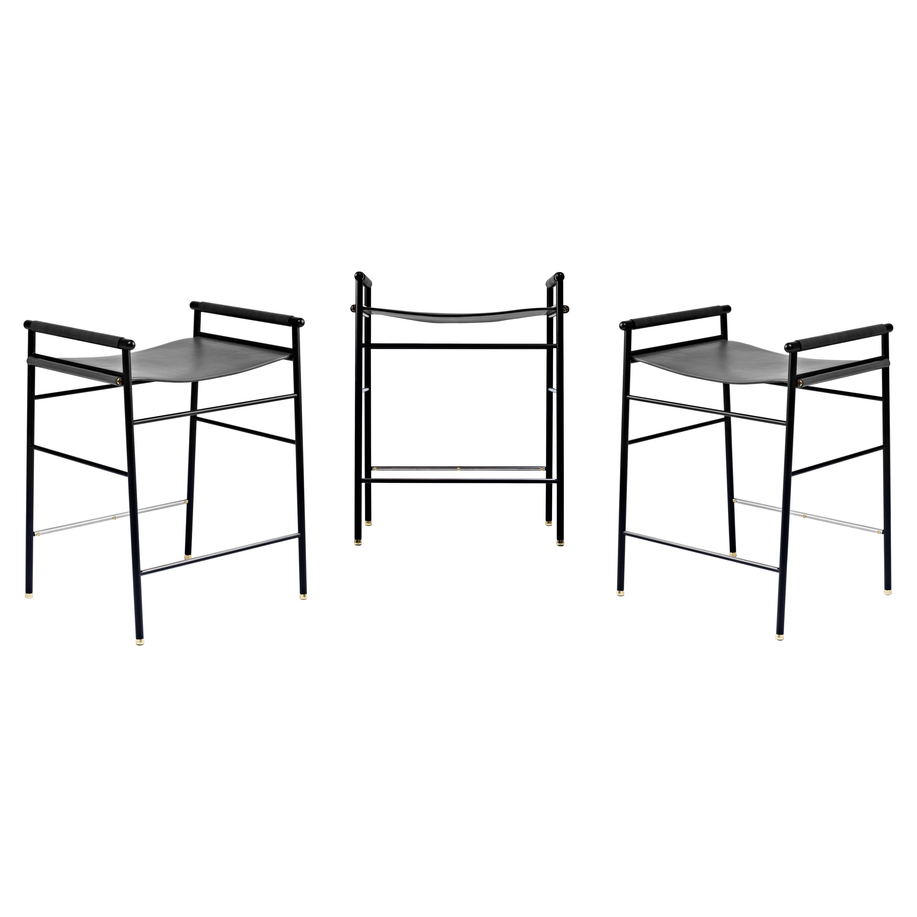Set of 3 "Repose" Contemporary Counter Stool Black Saddle Black Rubbered Frame For Sale